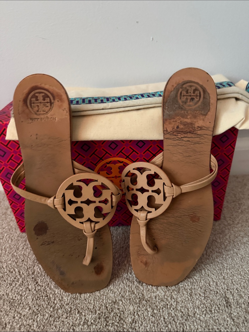 Tory Burch Nude/Tan Cutout Logo Thong Sandals